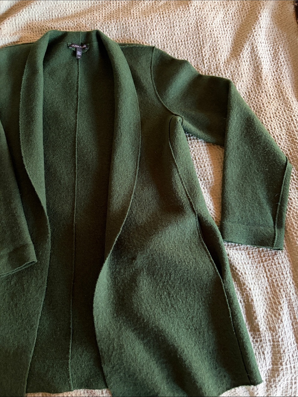 Eileen Fisher Deep Forest Green Felted Wool Open Cardigan